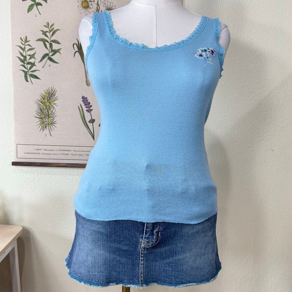 Vintage 70s Lace Trim Floral Tank Top Boho Hippie Retro Mod Twee Fairy Grunge L
